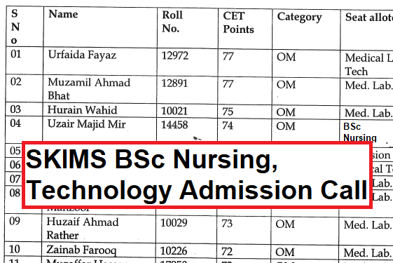 SKIMS BSc Nursing, Technology Admission, Selection 2021 last call 1
