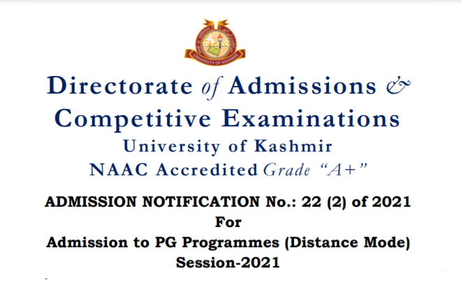 Kashmir University PG Distance mode Admission 2021 session 6