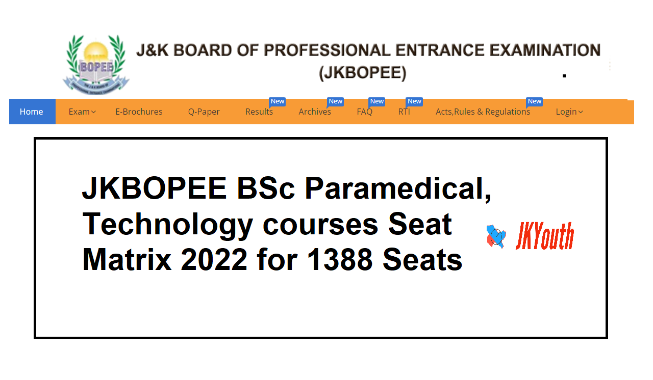 JKBOPEE BSc Paramedical, Technology courses Seat Matrix 2022