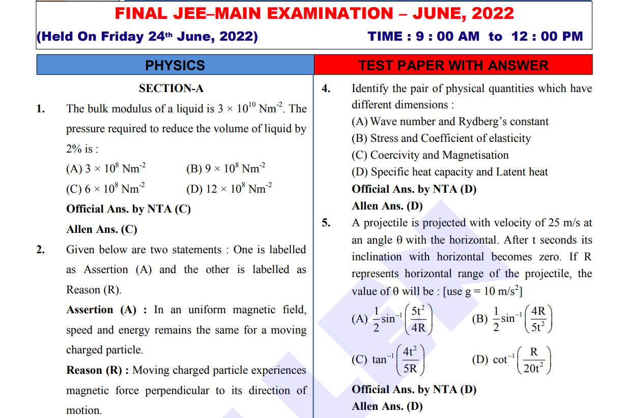 JEE Main Solved Paper