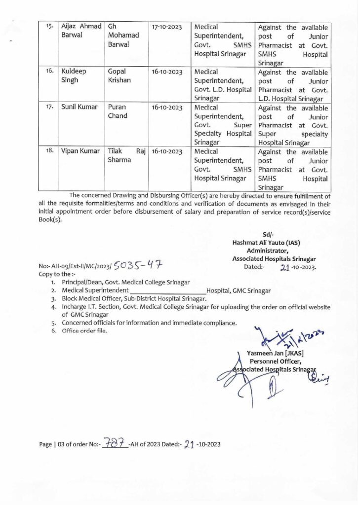 GMC Srinagar Junior Pharmacist Selection List 2023