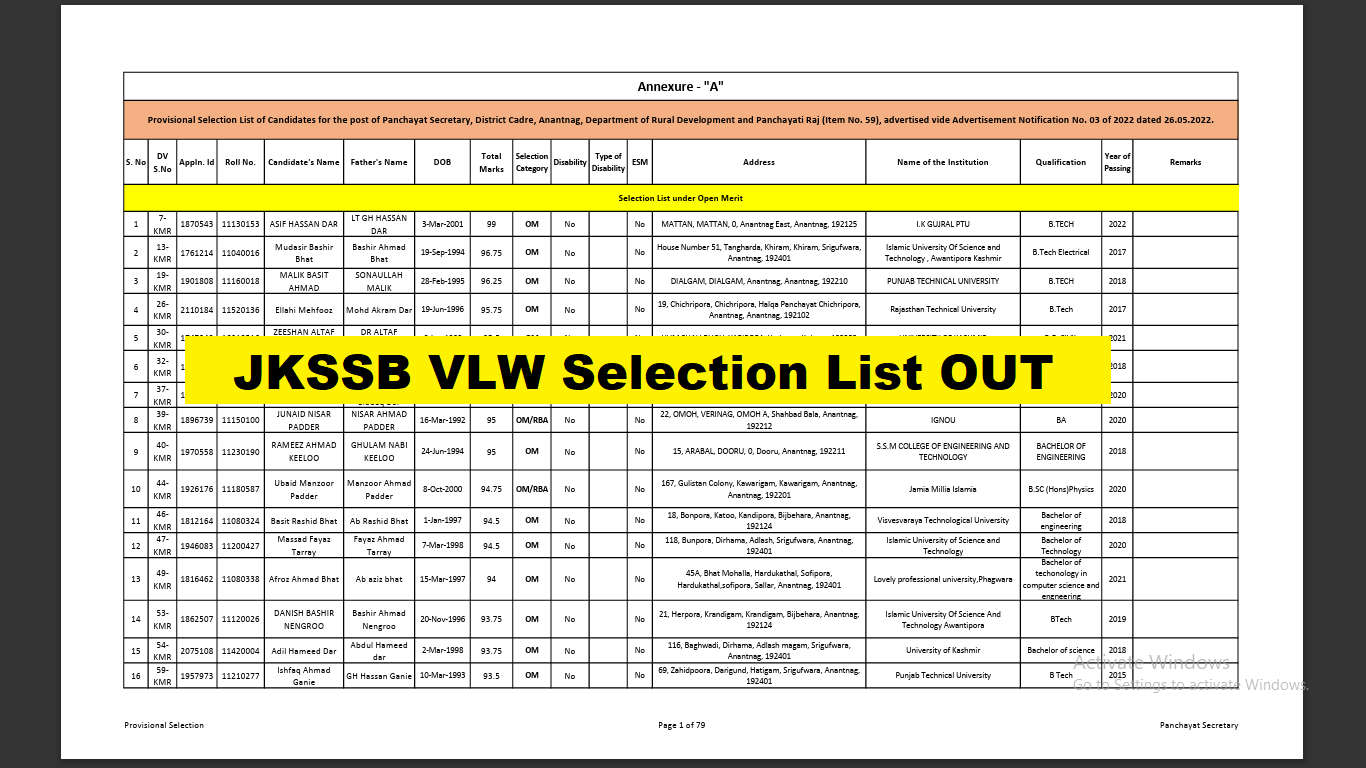 JKSSB VLW Selection List OUT
